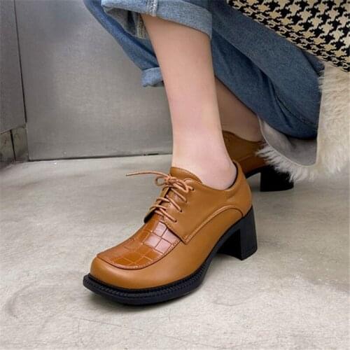 PXELENA Plus Size 34-43 Vintage Women Chunky Block High Heel Shoes Lace Up Square Toe Oxfords PU Leather Office Lady Pumps Daily