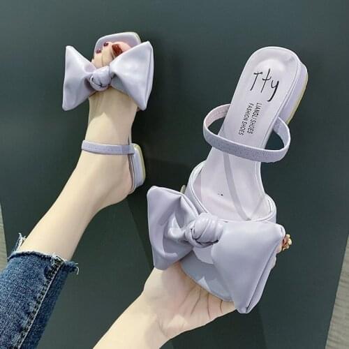 One word belt sandals summer new sweet and cute bowknot womens shoes Korean fashion outer wear slippers