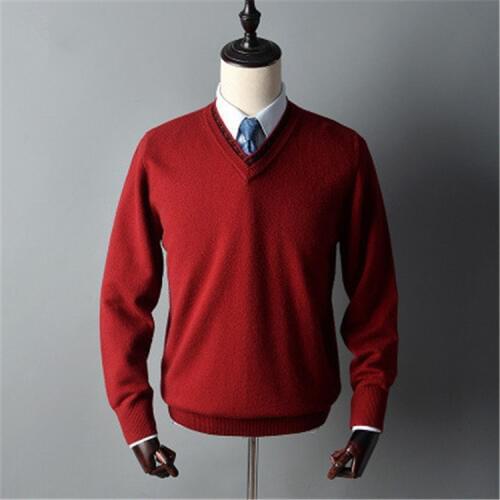 Pure goat cashmere thick knit men smart casual v-neck loose pullover sweater solid color S-2XL retail wholesale