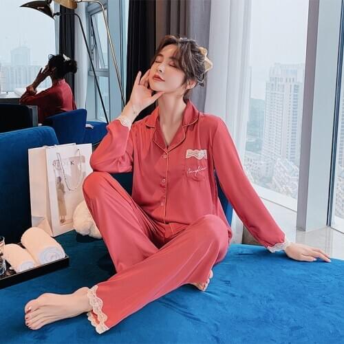 Spring Sexy Long Sleeve Pants Rayon Women Pajamas Homewear Suit Two Piece Set Nightwear Female Satin Sleepwear