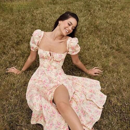 Vintage Floral Print Long Dress Summer Square Collar Puff Sleeve Women Dresses Elegant Ruffles Split Party Vestidos