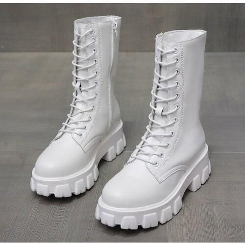 2021 Lace Up White Ankle Boots Women Autumn Fashion Chunky Boots Autumn Round Toe Combat Martin Black Boots Ladies Shoes Flats