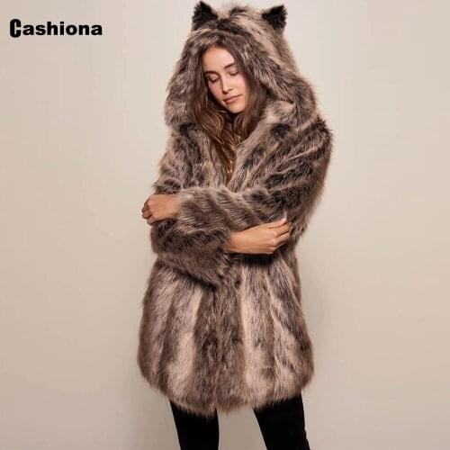 Cashiona 2021 Women Faux Fur Coats Fashion Cardigan Long Outerwear Female Luxury Hooded Long Sleeve Winter Warm Jacket Clothing