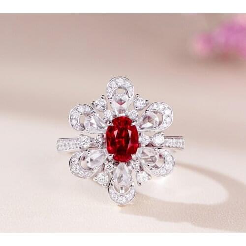 Luxury Charm Flower Rings Inlay AAA Cut Oval Red Zircon 925 Silver Jewelry Womens Wedding Engagement High Grade Accessories