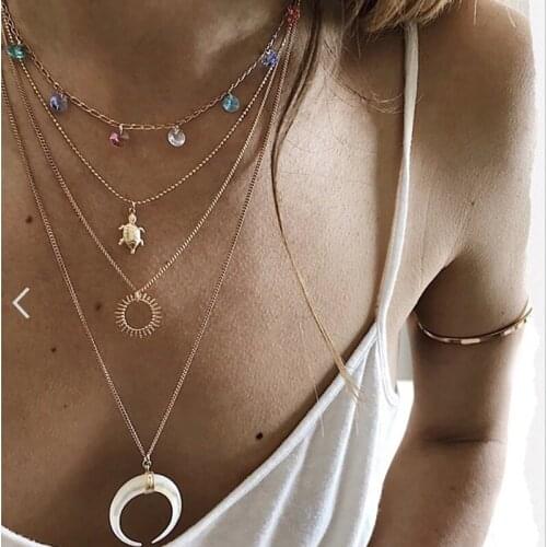 2020 Bohemian Sun Turtle Moon Rhinestone Charm Women Necklaces Horn Crystal Pendant Clavicle Chain Multilayer Gold Jewelry Gift