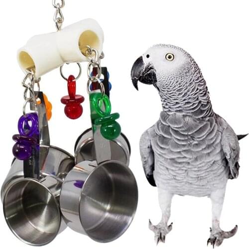 2021 Parrot Toy Stainless Steel 4 pots string Bird Chewing Bite Toys Pet Supplies Acrylic Cage Pendant Decor Bird Supplies