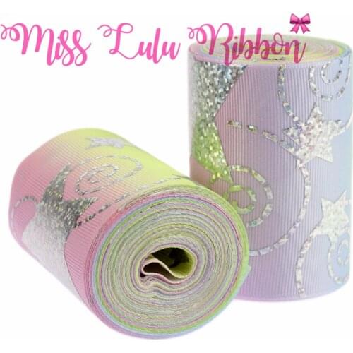 3"75mm Silver Hologram Foil Little Star Patterns Gradient Color Printed Grosgrain Ribbon DIY Gift Bowknot 5yards/roll