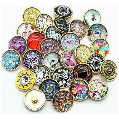 50pcs Random silver color&golden 12MM/18MM Colorful Round Domes Photo Glass Cabochon snap buttons fit snap bracelets wholesale