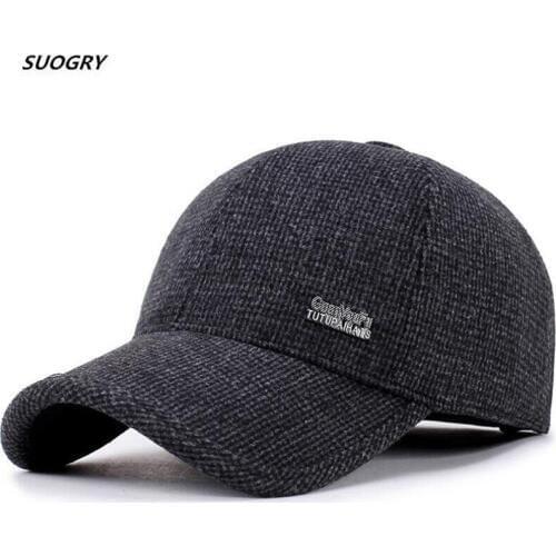 SUOGRY Wool Feel Baseball Cap Russia Winter Hats Warm with Fleece inside and Earflaps Mens Caps Vintage Baseball Hat