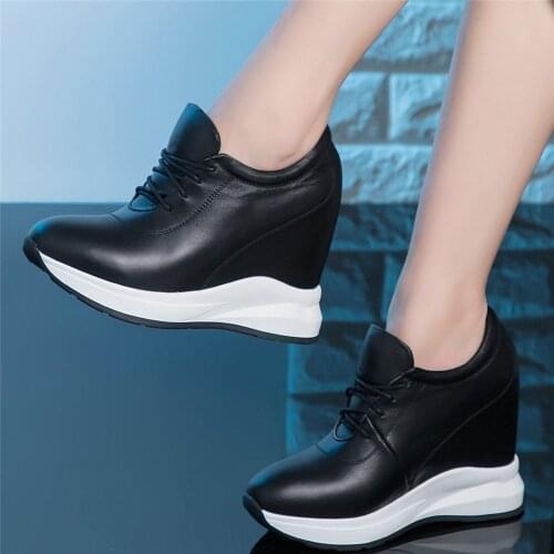 Casual Shoes Women Lace Up Genuine Leather Wedges High Heel Ankle Boots Female Round Toe Fashion Sneakers Platform Oxfords Shoes