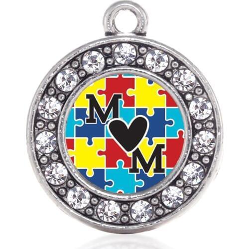 Eco Friendly Zinc Alloy Clear Crystal Sticker Puzzle Piece Autism MOM Round Charms For Necklaces Bracelets Earring Making
