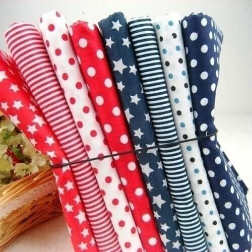 Red Blue 8 Assorted Pre-Cut Charm Cotton Quilt Fabric Fat Quarter Tissue Bundle, Best Match Star Stripe Dot Grid Print 50x50cm