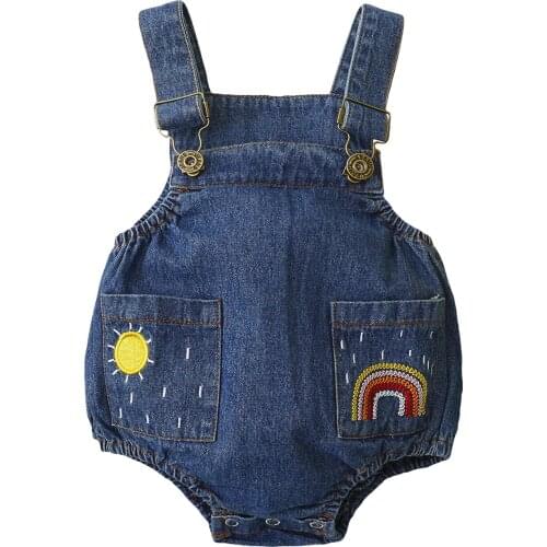 OPPERIAYA Newborn Baby Casual Summer Suspender Jumpsuits pocket Fresh Sun and Rainbow Embroidered Denim Triangle Bodysuit