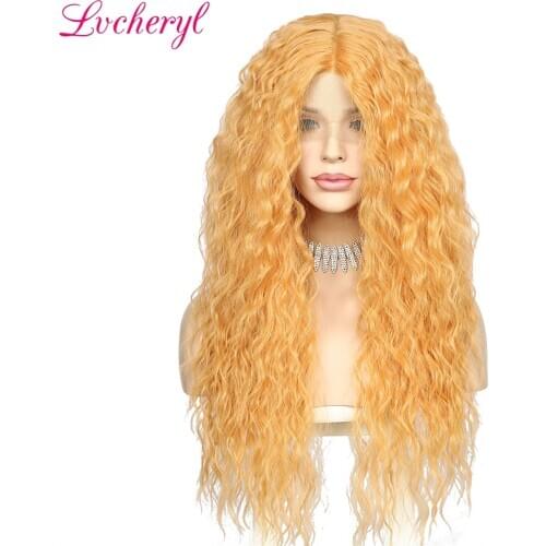 Lvcheryl Cosplay Synthetic Lace Front Wig Long Wig Cosplay Kinky Curly 26 Inches Orange Color Synthetic Lace Front Wig for Women