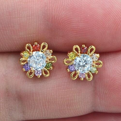 Trendy Girls Gold Color AAA+ Cubic Zirconia Colorful CZ Sunflower Stud Earrings Jewelry