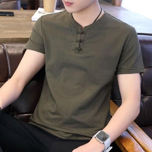 Mens Short-Sleeved T-shirt Trendy Summer V-neck Chinese Style Clothes Casual Mens Clothing Summer Half Sleeve 2021 New Top