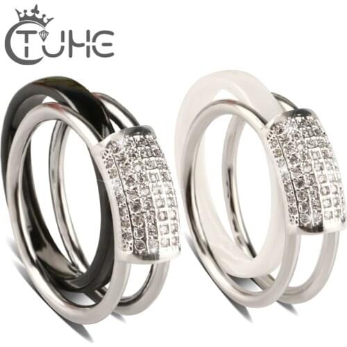 2pcs/Set Hot Women Rings Set Black White Pink Blue Purple Shinning Rhinestone Ceramic Ring For Women Engagement Weddings Gift