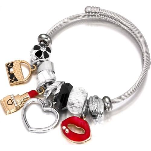 New Fashion Lipstick Heart Bag Cuff Bracelets For Women Trend Retro Red Lips Silver Color Pendant Bangles Jewelry Wholesale 2021