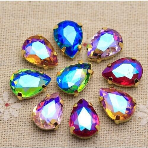 10pcs Mix Colorful AB waterdrop Flower Sew on Rhinestone Flatback Gold Claw Base Rhinestone applique Buttons DIY Clothing Dress