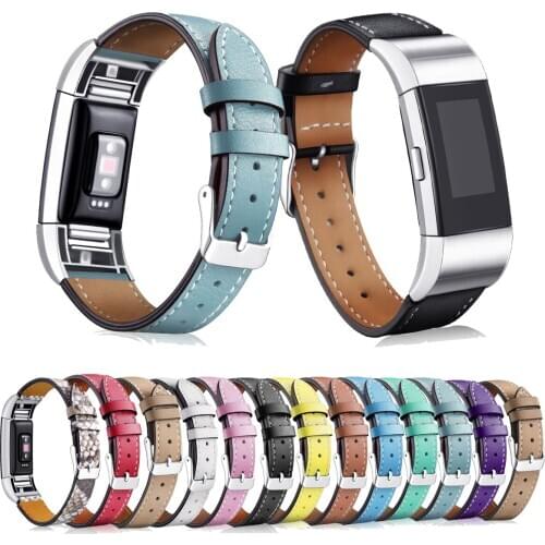 Genuine Leather Watchband for Fitbit Charge 2 Charge2 Strap Watch band w Connector Stainless Frame Buckle Replacement Bracelet