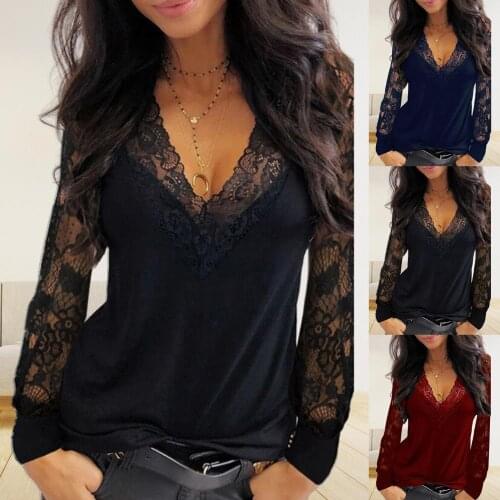 Sexy Women Blouse Deep V Neck Lace Trim See Through Polyester Long Sleeve shirt Blouse Top Womens Clothing футболка оверсайз