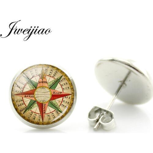 JWEIJIAO Steampunk Map Earth Clock Stud Earrings Glass Art Picture Cabochon Earring For Friends Best Gift T111