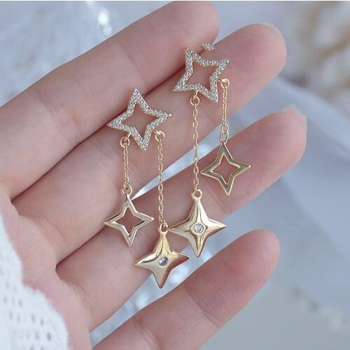 New Fashion Brand Jewelry 14K Real Gold Star Stud Earrings for Women Gift Shining Zircon Long Design Hollow Earrings