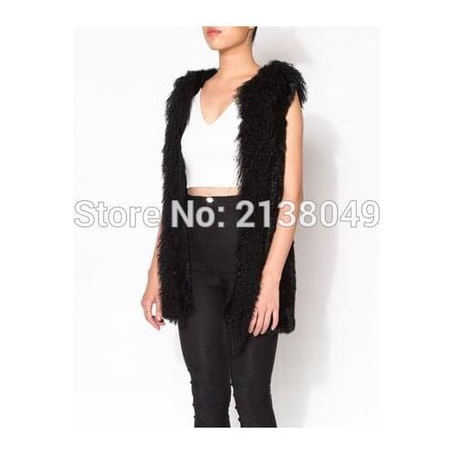 SF0068 Hooded New Style Women Knitted Rabbit Fur Vest with Mongolian Lamb Fur Collar