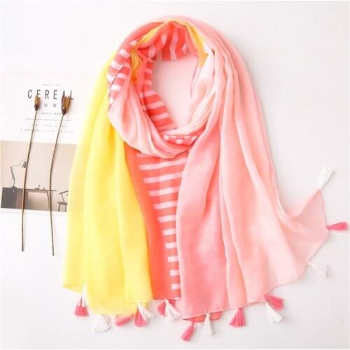 2020 New Stripe Print Tassel Scarves Shawls Long Women Soft Pink Color Wrap Scarf Hijab Free Shipping
