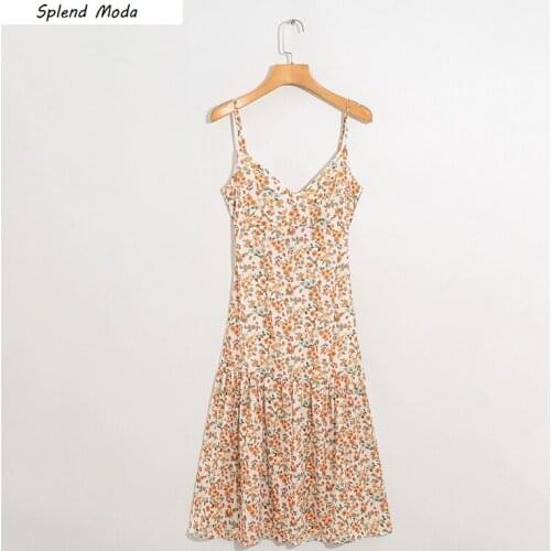 Splend Moda 2021 Summer Vintage Floral Print Back Hollow Out V Neck Bow Tie Mid-Length Camis Dress For Women Holiday Style