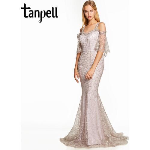 Tanpell straps evening dress silver half sleeves a line floor length dresses women lace sweep train long formal evening gown