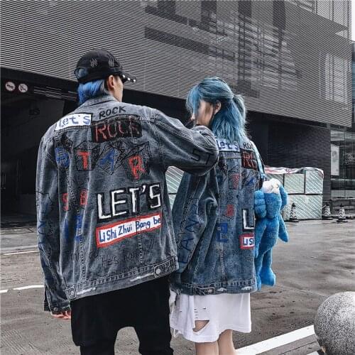 Street Hipster Hip Hop Letter Graffiti Mens Denim Jacket Youth Individuality Autumn Cowboys Coats Light Blue Washed Couple Tops