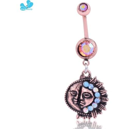 Vintage Sun Moon Copper Bar With Opal Gem Body Bell Ring 1.6mm Pirsing Ombligo Body Jewelry Mothers Day Gift