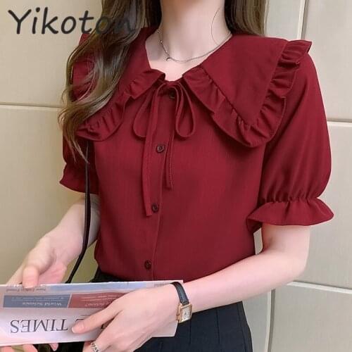 2021 Summer Women Blouse and Shirt Fashion Short Sleeve Kawaii Solid Casual Chiffon Shirts Japan Korean Style Tops Blusas Mujer