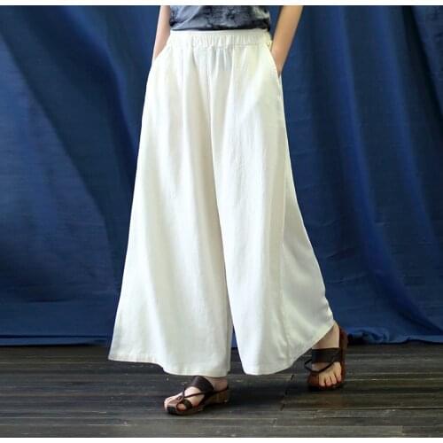 Women Loose Retro Wide Leg Ramie Pants Ladies Loose Vintage Elastic Waist Wide Leg Trousers Female 2020 Summer Pants