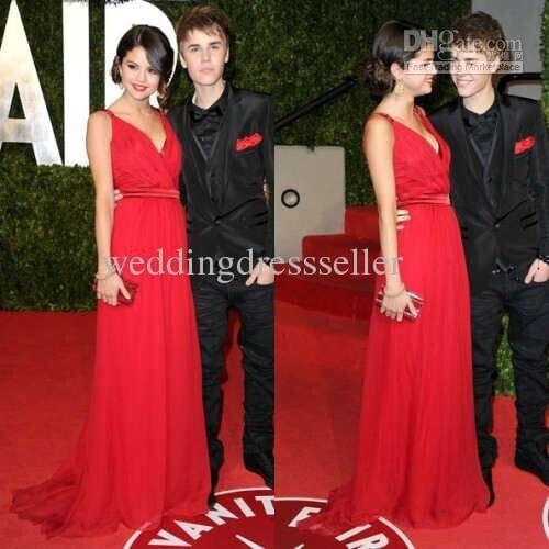 Free shipping 2020 vestidos formales long selena gomez red dress at oscar party deep v-neck sexy floor length Celebrity Dresses