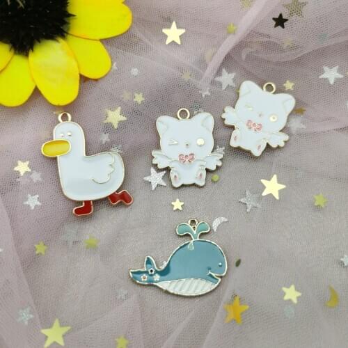 10pcs Kawaii Animal Enamel Charms Oil Drop Metal Duck Wing Cat Whale Pendants DIY Earring Necklace Jewelry Accessory Golden Base