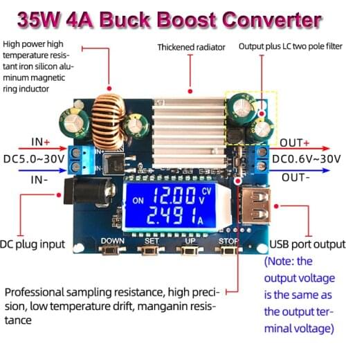 35W 0.6-30V 4A Digital Buck-Boost CC CV Regulated Adjustable Variable DC Power Supply Module Solar Charging LCD