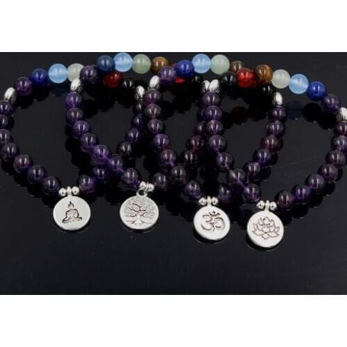 8mm ug3 elastic adjusted Charm nature stone Lotus life tree Buddha head Chakra Reiki agate Onyx Bracelet