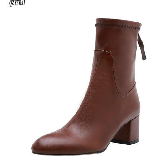 Women Genuine Leather Boots fashion Handmade leather Retro square short boots zipper platform Martin boots