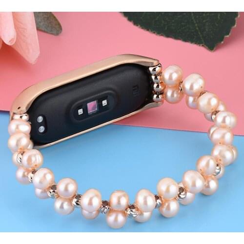 Bracelet for Xiaomi Band 3 & Mi Band 4 Straps Handmade Elastic Bling Jewelry Wristband Luxury Replacement Pink Pearl