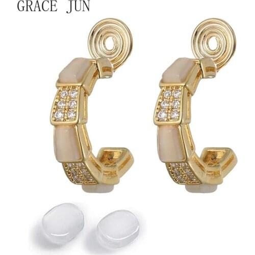 GRACE JUN Korea Style Gold-Stone Opal Cubic Zircon Stud Clip on Earrings No Pierced for Girl Party Prom Elegant Jewelry Gift New