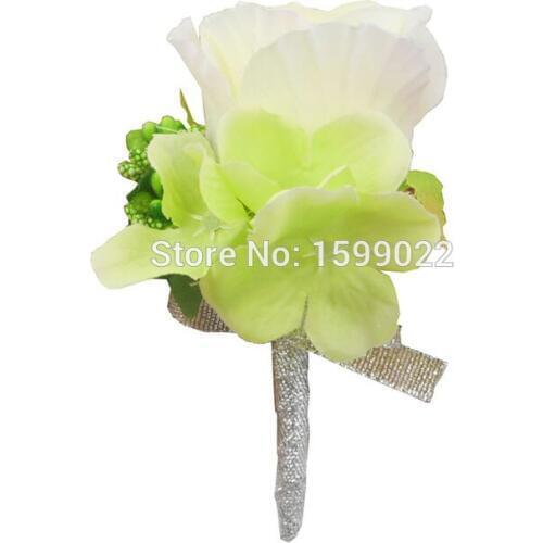 Ivory Rose Boutonniere for Men Groom Green Hydrangea Silver Ribbon Brooch Spring Theme Wedding Decoration Buttonhole Flower
