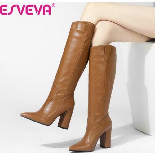 ESVEVA 2021 Square High Heel PU+Leather Knee High Boots Women Boots Shoes Pointed Toe Western Style Zipper Boots Size 34-43