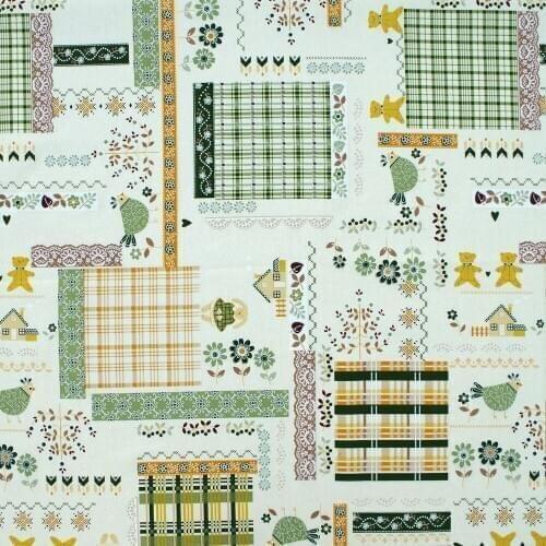 Cotton Linen Fabric for sewing pathwork, bedding, hadmaking, Patch, flower and bird - green (width=138cm)
