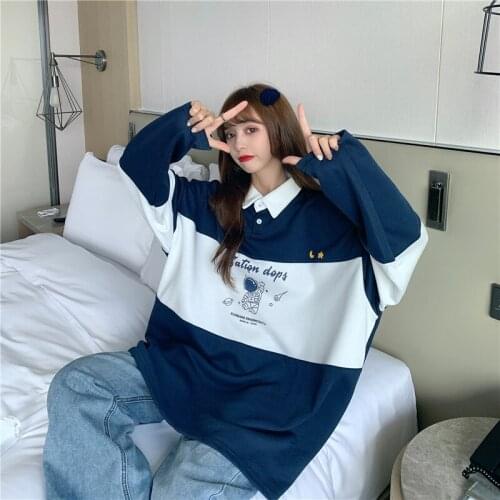 Korea Harajuku Color Matching Polo Shirt Kawaii Long-Sleeved T-Shirt Sweater School Clothes Gothic Aesthetic Urban Womens Top