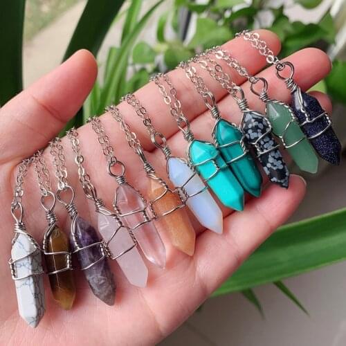 Reiki Healing Natural Stone Pendant Wire Wrap Hexagonal Bullet Amethysts Quartz Pink Crystal Necklace Pendulum Chakra Pendulo