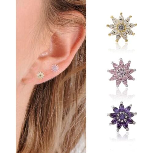 Trendy 1 Pcs Crystal Flower Cartilage Earring Stainless Steel Zircon Stud Earrings Cute Tragus Ear Stud Piercing Body Jewelry