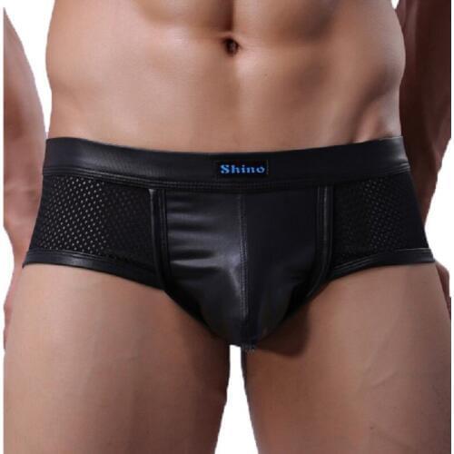 New PU Faux Leather Mens Mesh Small Boxer Shorts Fine Workmanship Fighter Shorts Low Waist U Convex Pouch Gay Couple Underwear