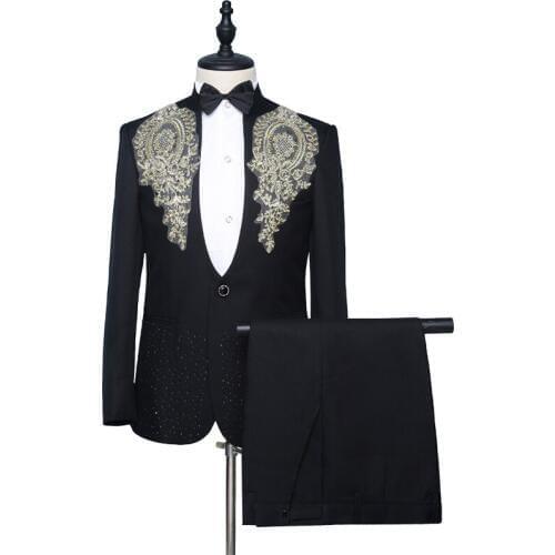 Men Suit Banquet Party Chorus Performance Embroidery Sequin Tuxedos Stand Collar Wedding Groom Party Prom 2 Pieces Stage Costume